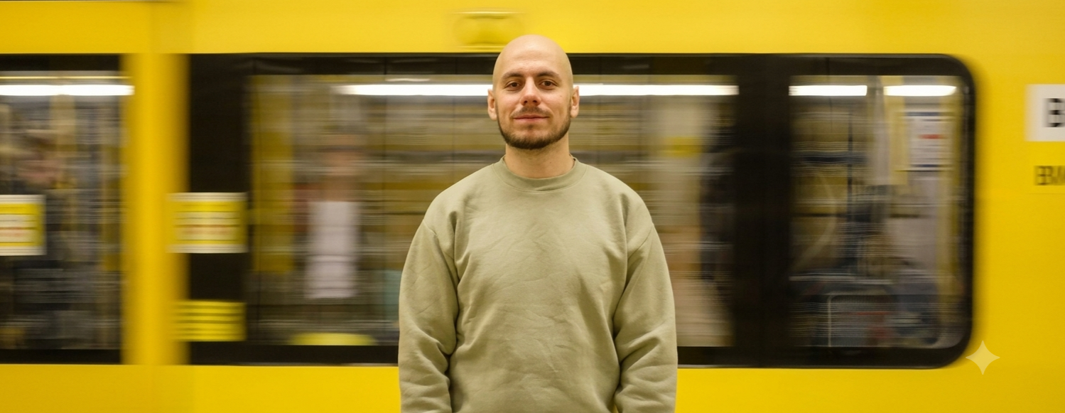 Max Mustermann vor gelbem U-Bahn-Zug